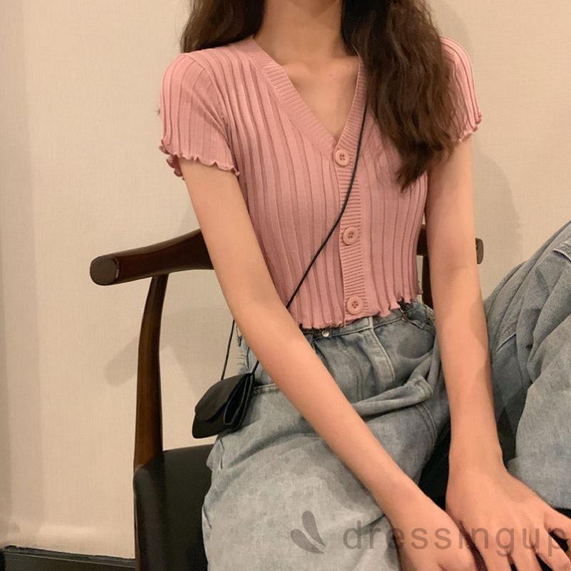 Áo Dệt Kim Tay Ngắn Cổ Chữ V Màu Trơn Kiểu Dáng Hợp Thời Trang Xinh Xắn Cho Nữ