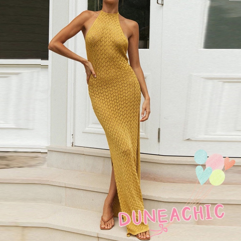 DUNEA Đầm dệt kim hở lưng xẻ tà cao gợi cảm thời trang cho nữ