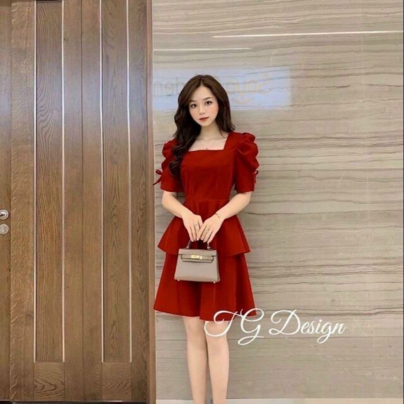 Đầm xòe hai tầng tay phồng kết nơ thanh lịch trẻ trung