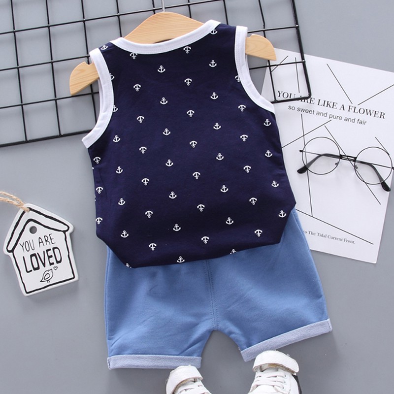 Bộ áo thun sát nách in hoa + quần ngắn denim cho bé trai