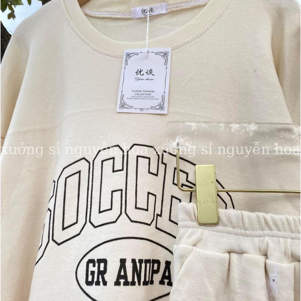 Sét bộ áo nỉ sweater dài tay in chữ soccer kèm quần đùi form rộng mặc thu đông siêu xinh 3 màu xám be đen