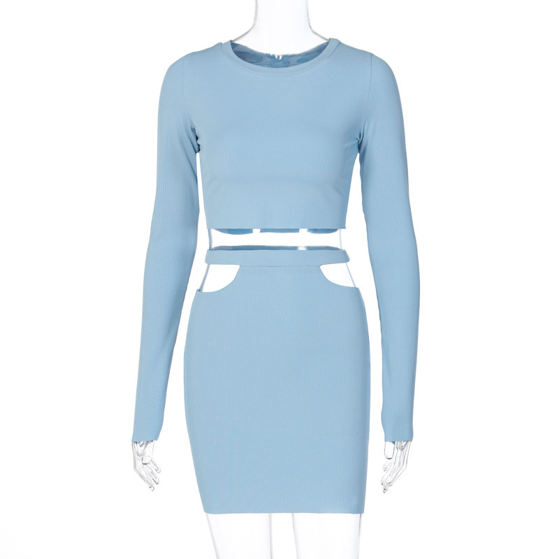 Bộ Áo Croptop Tay Dài Kẻ Sọc + Chân Váy Ôm Xẻ Tà Quyến Rũ Cho Nữ