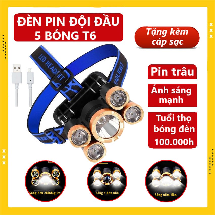 Đèn pin đội đầu 5 bóng Led siêu sáng chống nước 4 chế độ sáng kèm sạc micro USB