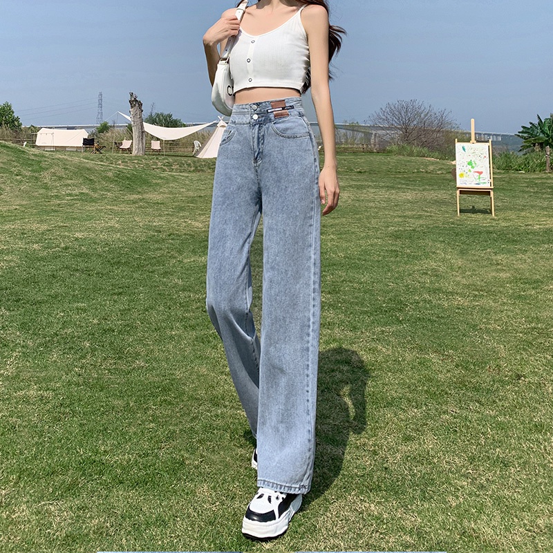 Quần Jeans Trơn Lưng Cao Ống Rộng Phong Cách Hàn Quốc Thời Trang Dành Cho Nữ Có Size Lớn
