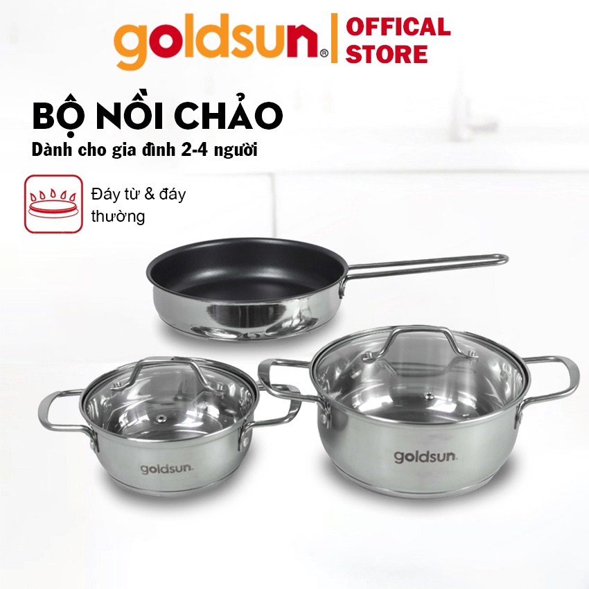 Bộ nồi inox goldsun GPS1790 Goldsun 2 nồi và 1 chảo cỡ trung bình, đáy từ 3 lớp phủ chống dính sử dụng trên mọi loại bếp