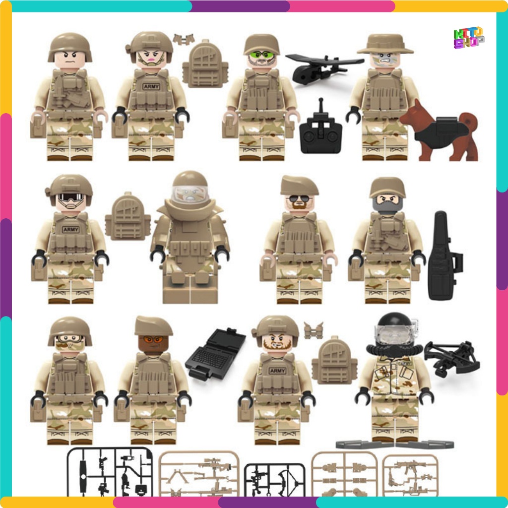 Đồ Chơi Xếp Hình Lego Minifigures Combo 12 Lính Quân Sự Kèm Trang Bị Và Chó Nghiệp Vụ 1633