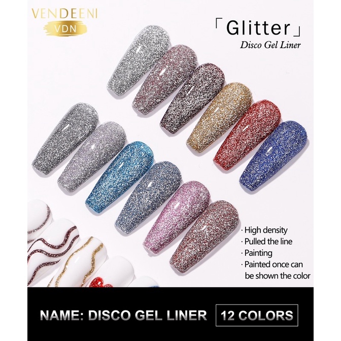 Sơn gel cọ nét vẽ nhũ flash vendeeni set 12 màu