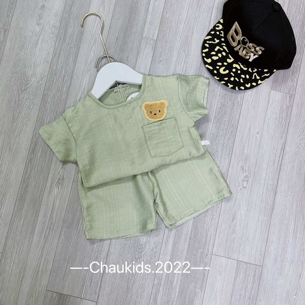[SALE] Bộ Cộc Tay Cho Bé Trai, Bé Gái Vải Thô Đũi Thêu Gấu Túi Ngực, Đồ Bộ Cho Bé Mặc Đi Chơi, Đi Học CK37