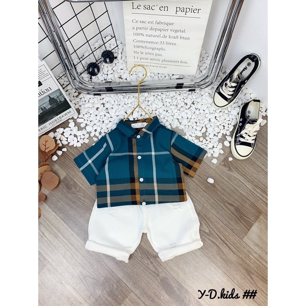 (jean baby) sét bộ áo sơ mi kẻ bbr cộc tay phối quần kaki rách sành điệu (8-17kg)
