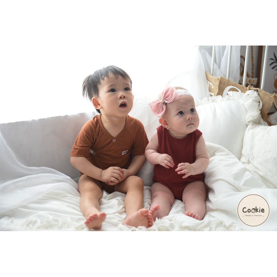 Bodysuit COOKIE Cộc Tay Vạt Chéo 0-3/3-6/6-9M Chất Liệu Air-Cool Knitwear Điều Hoà Nhiệt 4 Mùa