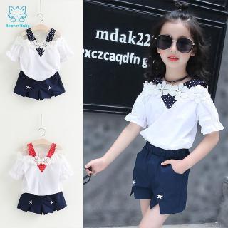 Set áo trễ vai+quần short hoa cho bé gái