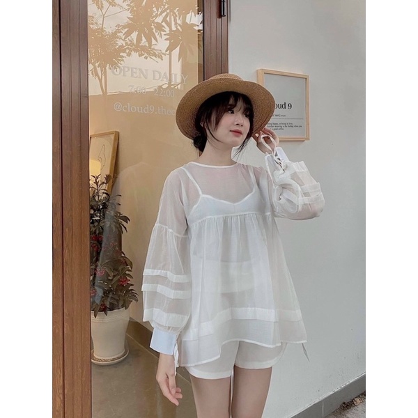 Set Áo Babydoll trắng tay dài và Quần short ngắn chất voan 2 lớp siêu đẹp MS135 , set đồ trắng hot Hàn Quốc