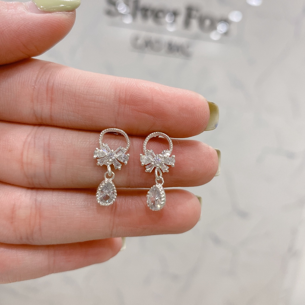 Khuyên Tai Bạc Ta Nữ CaoBac Silver Hình Nơ Thiết Kế Giọt Đá Rơi Lấp Lánh Tinh Tế, Dễ Thương Xinh Xắn Dành Cho Bạn Gái