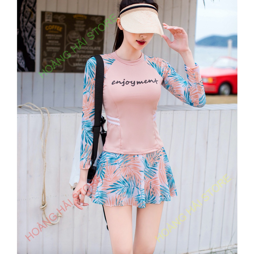 Bộ đồ bơi bikini kín đáo nữ hai mảnh đi tắm biển áo dài tay kèm váy giấu bụng che nắng - B.29