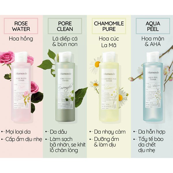Nước hoa hồng MAMONDE Rose, Diếp Cá, Aqua Peel, Pore Clean Water Daily Skin Toner.