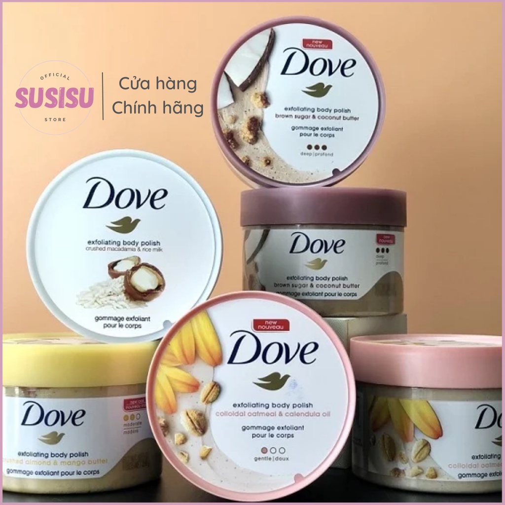 Tẩy tế bào chết Dove Mỹ Exfoliating Body hương Lựu/đường nâu/Lavender 298g | Tẩy da chết Dove Đức 225ml chính hãng