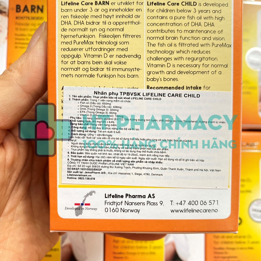 [COMBO 2 SẢN PHẨM] Dầu Cá Kim Cương DHA Vitamin D3 Lifeline Care Barn Nauy hộp 30 viên