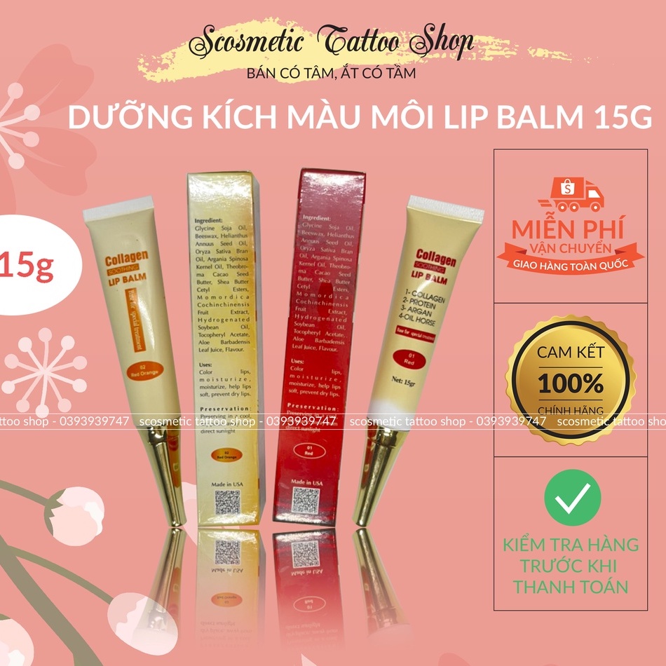 Dưỡng kích màu môi Collagen Lip Balm, son dưỡng có màu sau phun xăm thẩm mỹ ,check mã-Usa 15gram