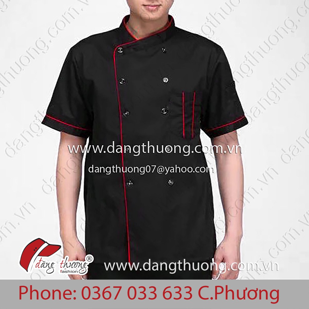 Áo Đầu Bếp Đen viền Đỏ Tay Ngắn Tay Dài Chef Coat Jacket - Đồng phục nhà hàng