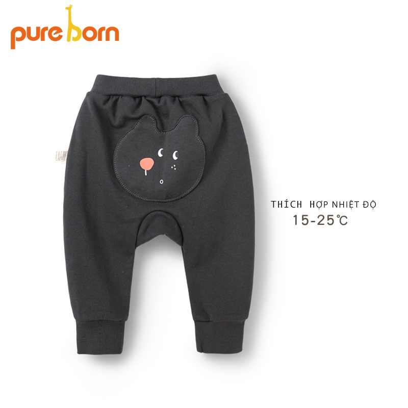 Quần Bé Trai, Bé Gái PURE BORN Vải Nỉ Da Cá Dày Ấm Mông mặt thú, Quần Dài Cho Bé Mặc Nhà Thu Đông T36