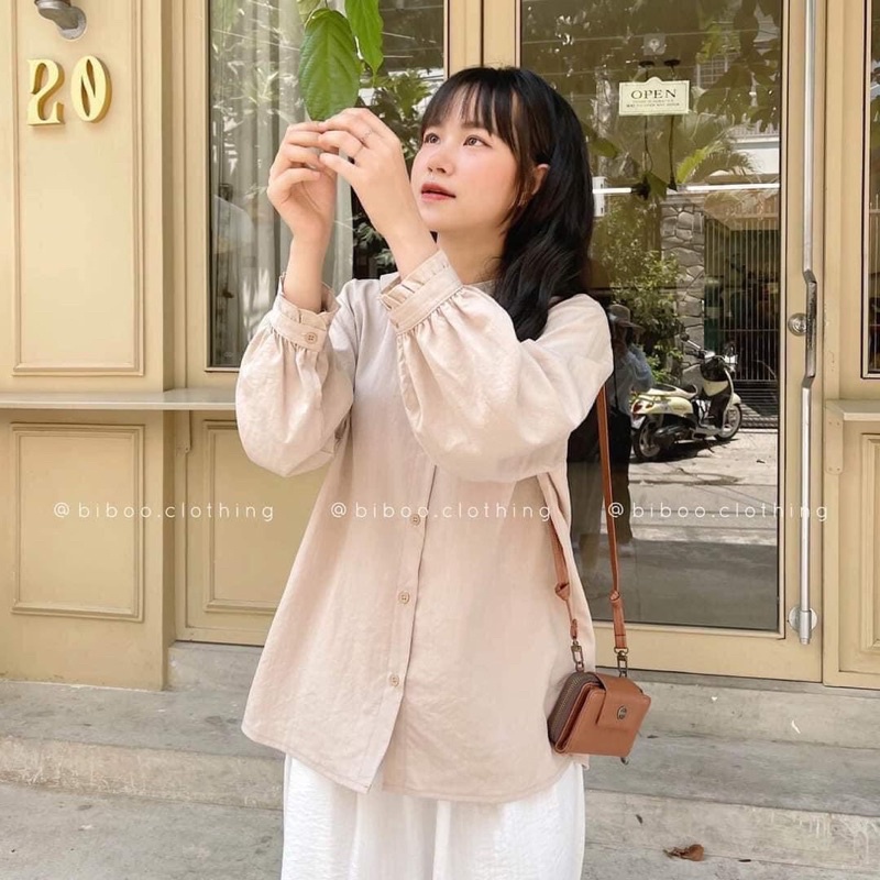 Áo sơ mi nữ cổ thêu tim chất thô lụa mềm cổ sen hai màu - Áo trắng dài tay bồng tiểu thư bo tay cách điệu freesize