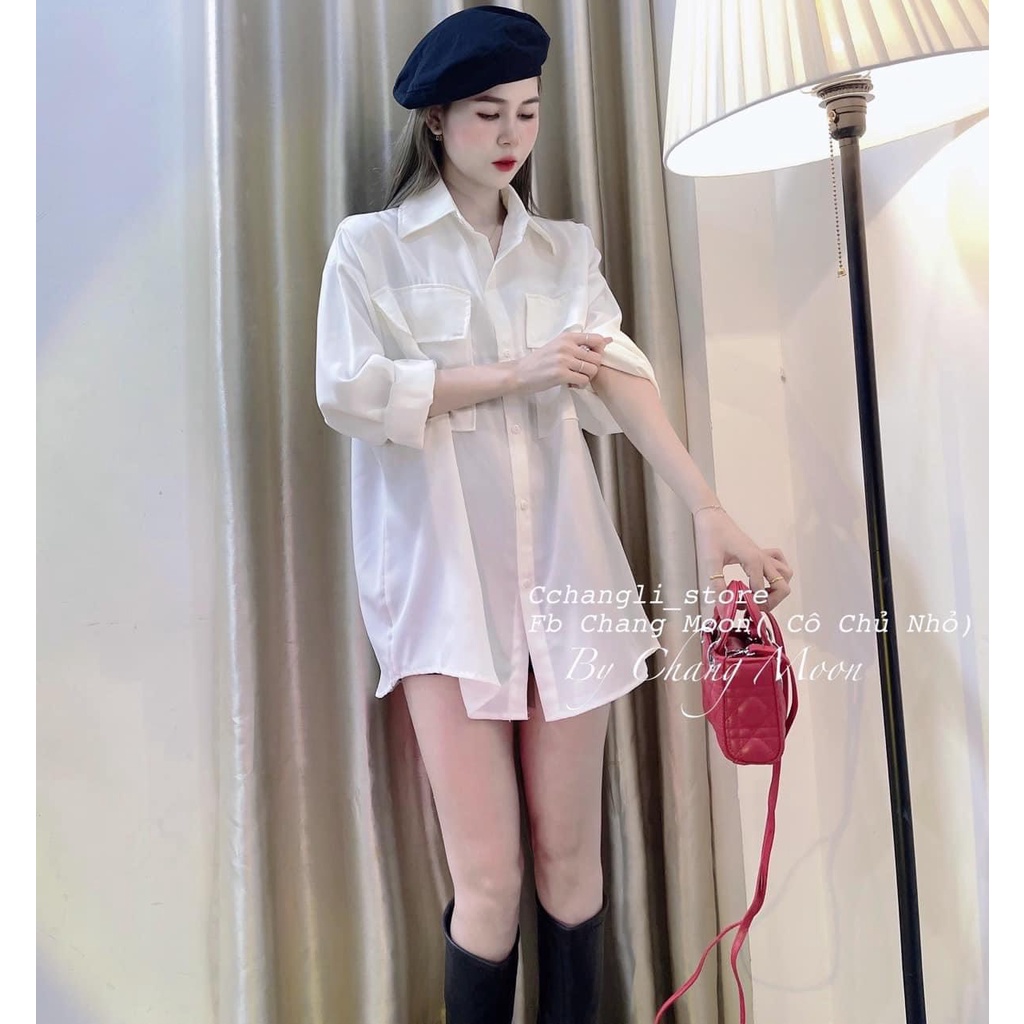 [ảnh thật-sẵn] Áo sơ mi cổ đức 2 túi ngực