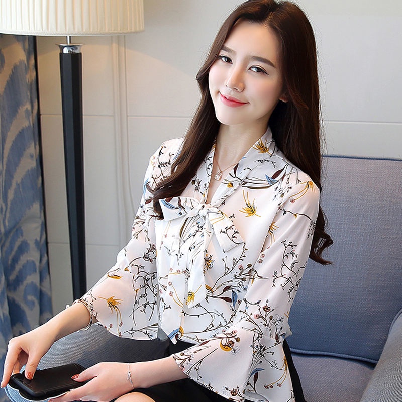 Áo Sơ Mi Chiffon Plus Size Ống Tay Loe In Họa Tiết Thời Trang Cho Nữ