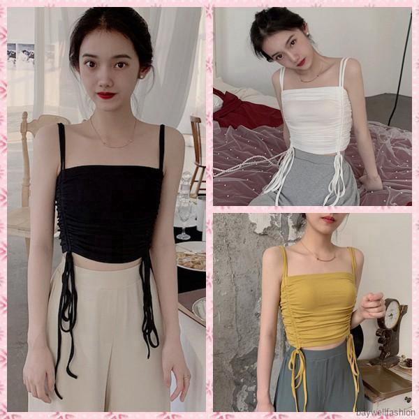 [Baywellfashion]Áo croptop màu trơn thiết kế ôm sát tôn dáng
