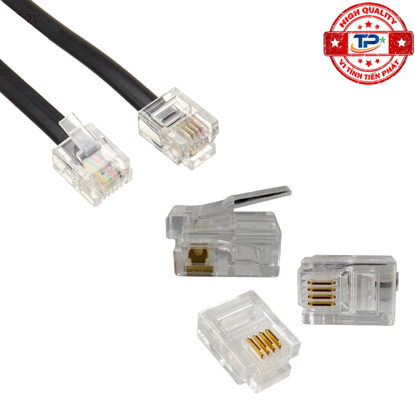 Hộp 100 đầu cáp điện thoại RJ11 nhựa 4 chân ( 4 line tim ) - Dùng hạt bấm cho dây cáp điện thoại bàn