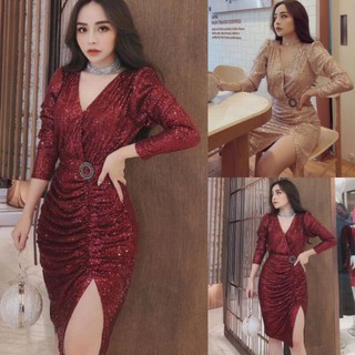 Đầm Body Kim Sa Cao Cấp ( Size S-M-L-XL ) xẻ đùi tay dài cổ V đắp chéo tag eo HÀNG THIẾT KẾ