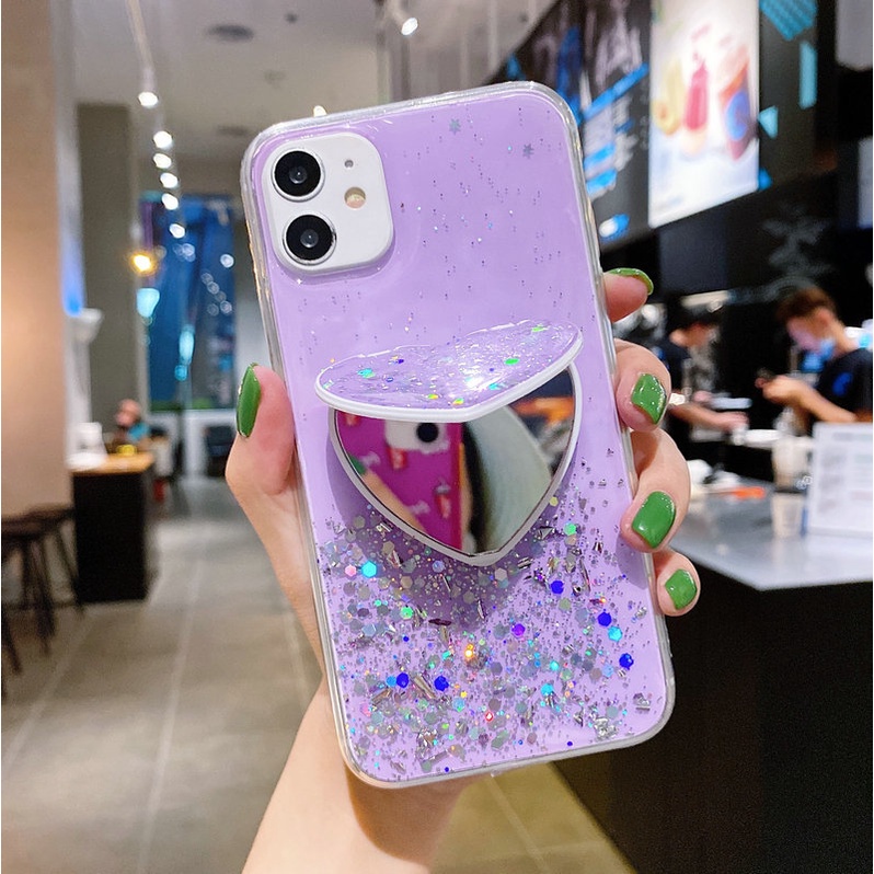 Case iPhone 12 Mini 11 Pro Max 6 6S 7 8 Plus X XR XS XS Max SE 2020 Epoxy Silver Foil Glitter Phone Case Heart-shaped mirror bracket - Green  Purple