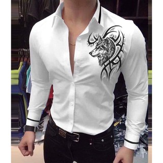 Áo Sơ Mi Nam Trắng Phối Viền Họa Tiết Sói Cao Cấp | Hàng Form Chuẩn