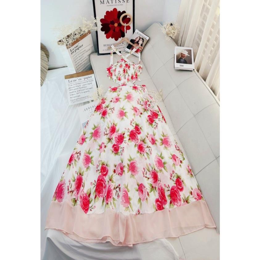 Váy maxi đi biển phối màu hoa hồng cổ yếm hở lưng trễ vai đầm dự tiệc cưới xinh đẹp dễ thương cá tính XUKA DRESS