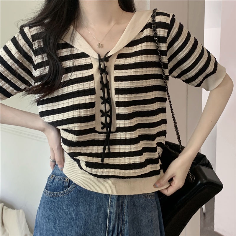 Áo Sweater Tay Ngắn Kẻ Sọc Ngang Trẻ Trung Phong Cách Hàn Quốc  tao bao