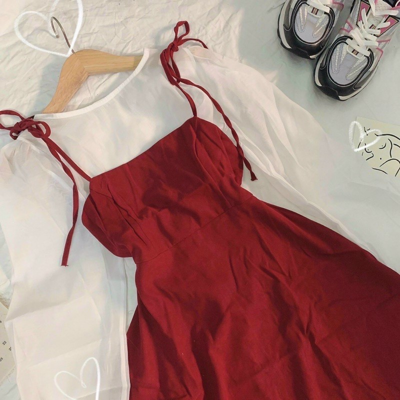 Set đầm 2 dây cột nơ đỏ ôm xoè kèm áo voan trắng tay dài cổ tròn S77