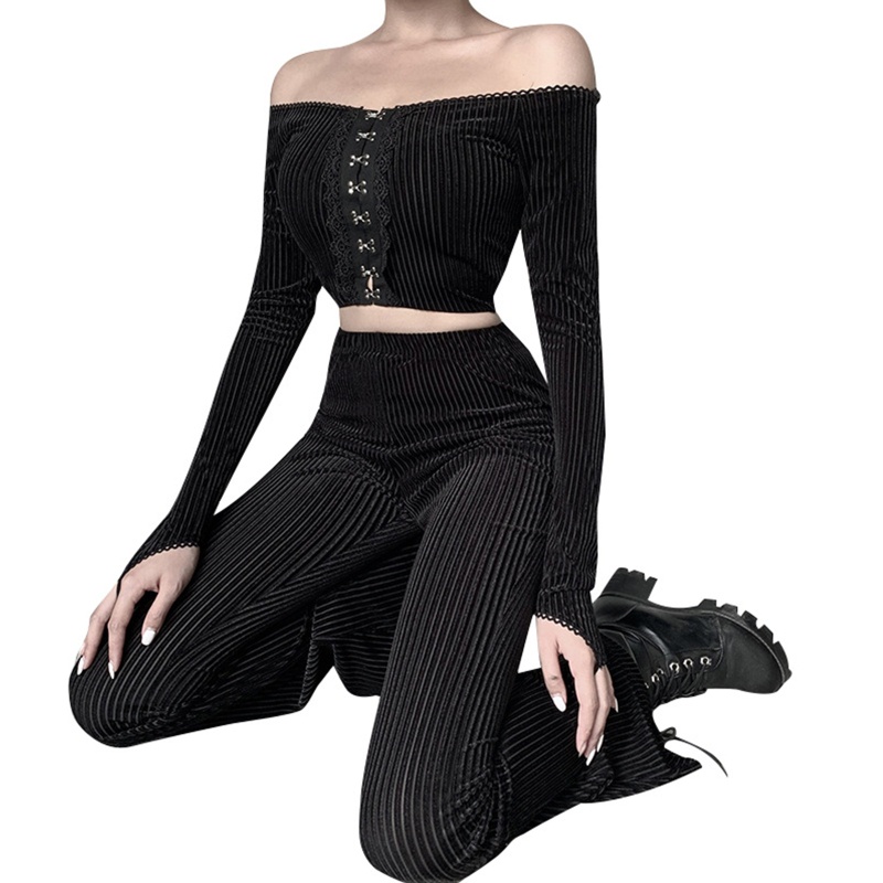 Quần dài ống loe lưng cao vải nhung màu đen phong cách punk gothic Harajuku cho nữ