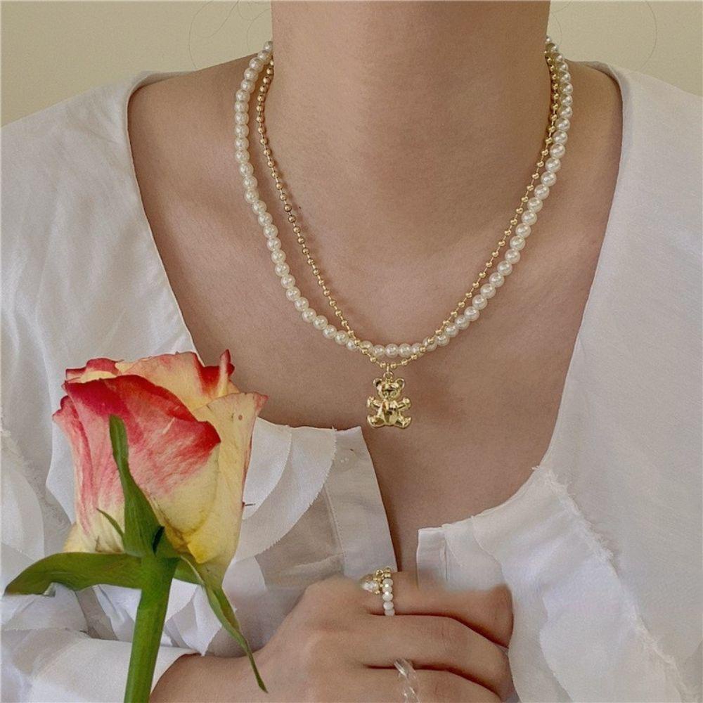 Vòng cổ Hai Lớp Đính Ngọc Trai Hình Gấu Xinh Xắn Theo Phong Cách Hàn Quốc Dành Cho Nữ