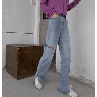 Quần jeans ống suông xẻ tà rách bên hông