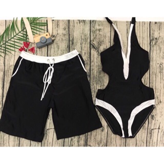 Bikini cặp đi biển set nữ 1 mảnh phối màu trắng đen