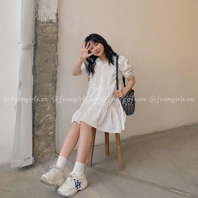 Váy babydoll sơ mi ba tầng, đầm sơ mi babydoll xòe tay phồng có cổ - V18G BROWN