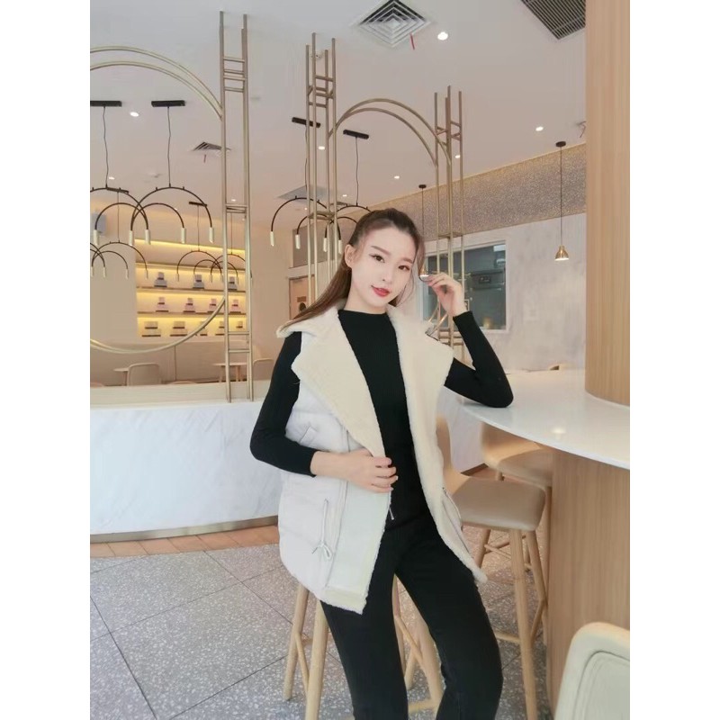 Áo Khoác Phao Ghi Lê Cổ Lông Cừu-Thời Trang Thu Đông Quảng Châu Cao Cấp