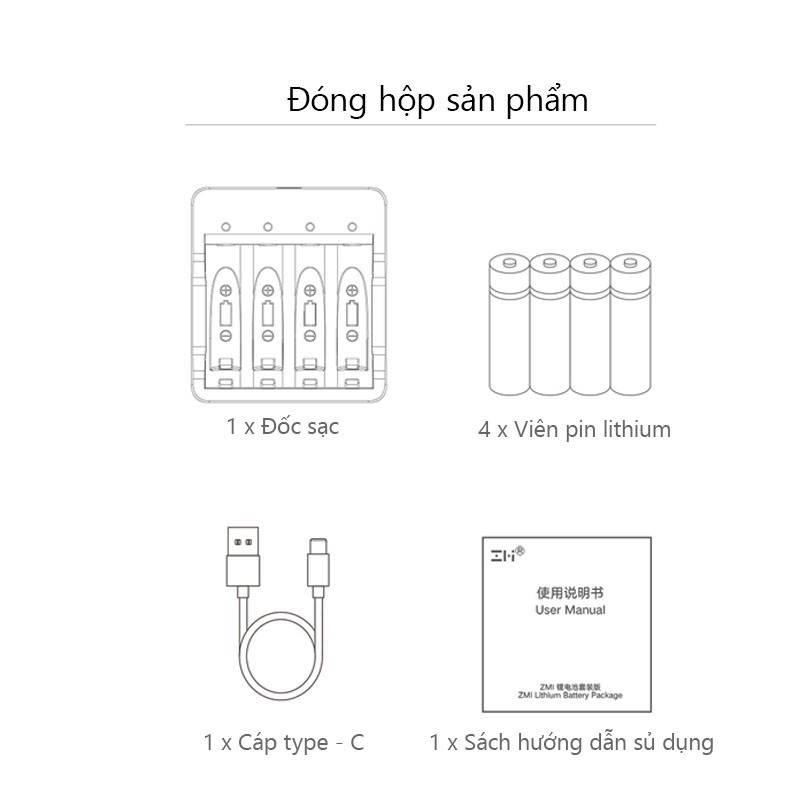 Bộ Pin sạc AA ZMI PB421 Lithium (Gồm 4 Pin + 1 Dock sạc)