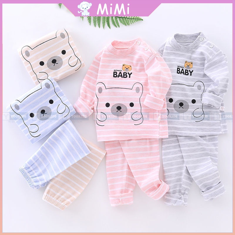 Bộ dài tay cho bé trai bé gái MIMI in hình gấu chất cotton nỉ mềm và ấm, Bộ dài tay cho bé trai bé gái 1 2 3 4 tuổi