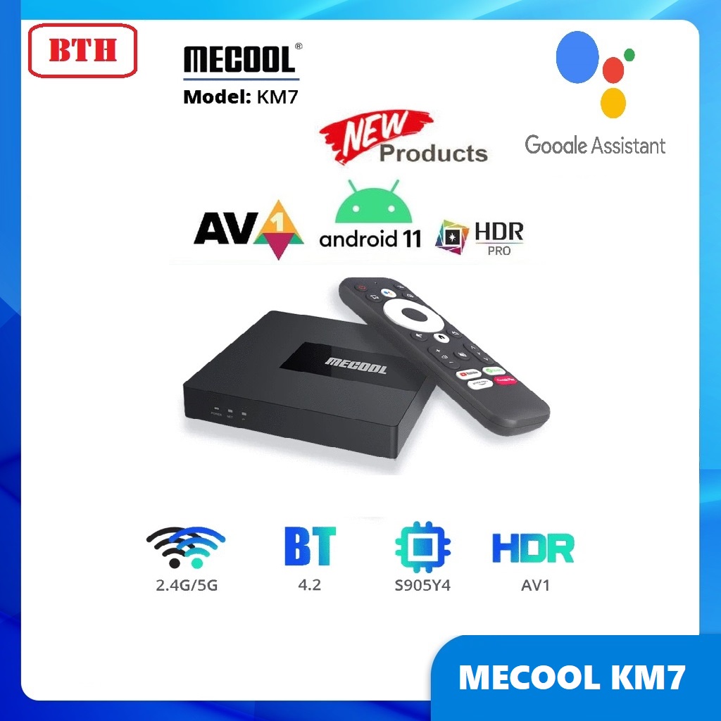 Android Box Mecool KM7, CPU S905Y4, Ram 2GB, Rom 16GB, Remote voice, Android TV 11 chính chủ Google, Wifi 2.4/5GHz