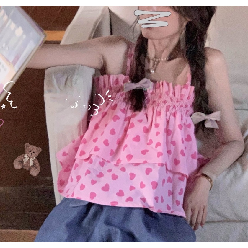 Áo hai dây xếp ly họa tiết trái tim màu hồng ngọt ngào thời trang mùa hè hàng mới cho nữ