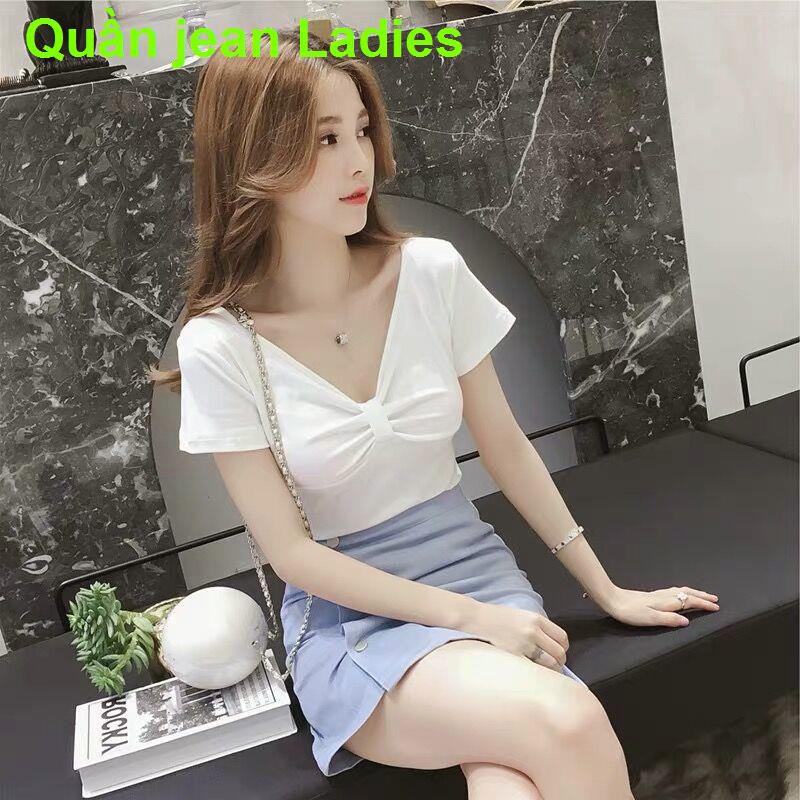 [95% cotton] bông ngắn tay trắng nữ mùa hè Áo phông phụ cổ mảnh mai trên cùng sơ mi dưới đáy thon gọn gợi cảm