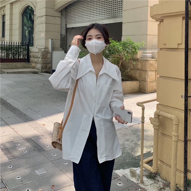 Áo sơ mi trắng dáng rộng phối khóa kéo thời trang mùa thu mới cho nữ