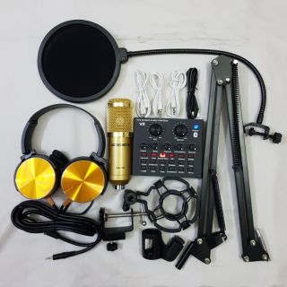 Combo thu âm livestream míc bm900 woaichang sound card v8 buetooth chân kẹp màng lọc tặng kèm tai nghe 450 bh 6 tháng