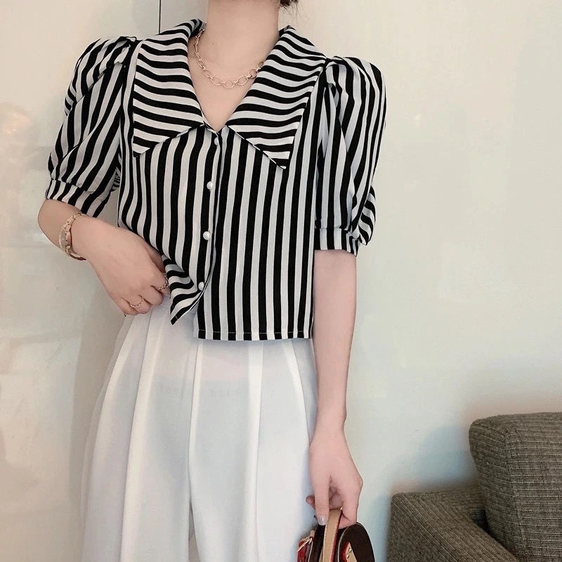 Áo sơ mi tay ngắn phồng họa tiết kẻ sọc phong cách cổ điển thời trang cho nữ
