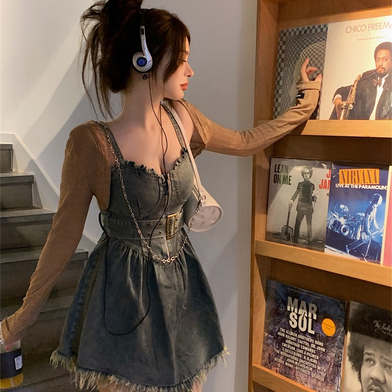 Set Đầm Denim Không Tay Và Áo Khoác Cardigan Mỏng Chống Nắng Thời Trang Cho Nữ